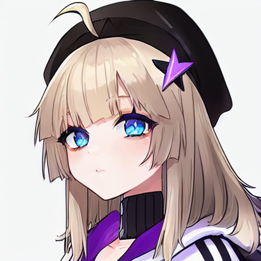 prompt<br/>(masterpiece:1.3), best quality, 1girl, solo, black headwear, hat, bangs, blue eyes, purple star hair ornament, ahoge, choker, aa12