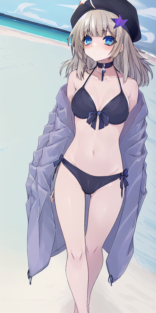 1girl, solo, black headwear, bangs, blue eyes, purple star hair ornament, ahoge, choker, aa12 wears nun (in the church:1.3), cowboy shot