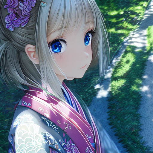 extremely detailed loli 1girl, beautiful character professional portrait of a kawaii girl in elaborately embroidered print_kimono, looking_away, golden hour, from_side, white marble glowing skin, pretty lively blue_eyes and iris, blush, dot_nose, gray bun hair, subsurface scattering, style of anime film, cobblestone road, soft ambient lighting, light_rays<br/>seed=637316554<br/>inference steps=30