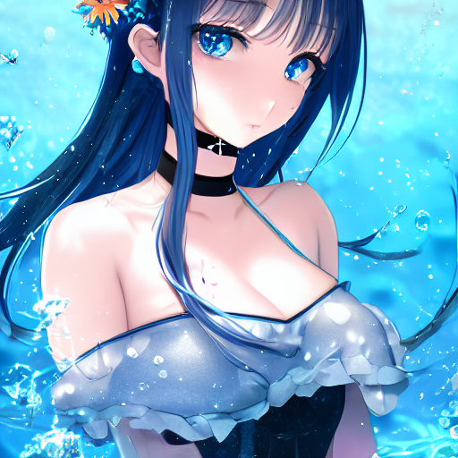 beautiful kawaii 1girl with bare_shoulders blue_dress and black_choker, hair ornament of Silver flower, underwater, looking_at_viewer, full_body, breasts, cleavage, aqua_eyes, silver very_long_hair, parted_lips, cowboy_shot, beautiful female face, sparkling anime eyes and elegant eyelashes and perfect symmetrical face fine detail delicate features quiet gaze, intente beautiful light, sharp focus, vloumetric lighting, extremely detailed, official_art, hq, 8k, highres, pixiv ranking 1st<br/>seed=684821328<br/>inference steps=15