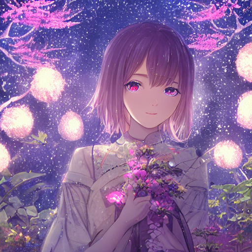 original highly detailed bishojo teens girl under the starlight standing on flower garden. jewelry 1girl perspective, glowing eyes, pale lips, wearing ethnic garment, bokeh, cinematic lighting,<br/>seed=103004710<br/>inference steps=30