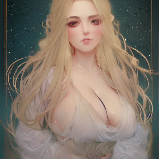 8k book cover art of girl, silk dress, lace frills, Platinum blonde wavy long hairstyle, cleavage breasts, white skin, starry eyes, perfect symmetrical face, by krenz cushart and stanley lau and artem demura and alphonse mucha and peter mohrbacher, soft focus, strong rim light, golden hour<br/>seed=78227016<br/>inference steps=8