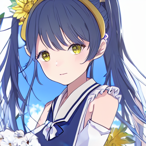 1girl looking_at_viewer upper_body, too many flowers,kyoto animation, bishojo, bare_shoulders black_sleeves yellow_eyes emeraldblue_hair, sailor_collar and neckerchief, detached_sleeves frilled_shirt_collar frills grey_shirt headset heart long_hair sleeveless_shirt twintails very_long_hair wide_sleeves highres<br/>seed=514388629<br/>inference steps=15