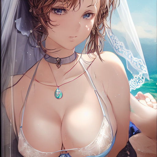 art by krenz cushart and violet_evergarden, a beautiful detailed bust shot of woman bathing wearing luxury lingerie bodysuit,jewelry, wedding veil, lace gloves, ring, tiala, neckless, earrings, blesslet, anklet from Tiffany & Co, louis comfort tiffany, garterbelt,Stocking in the romantic Outdoor very big bathtub with bloomed-white-flowers, in the bright heavenly realm room, atmospheric lighting, Strong Sunlight shining through the window, Perfectly shaded, highly detailed, concept art, sharp focus, cinematic lighting, 8k<br/>seed=684889441<br/>inference steps=15