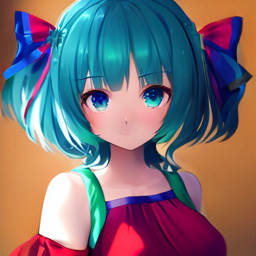 seed=722819143<br/>inference steps=8<br/><br/>prompt<br/>hololive, uruha_rushia, 1girl, bangs, bare shoulders, red eyes, blue dress, blue green hair, blue sleeves, blush, bow, breasts, chick, collarbone, detached collar, detached sleeves, double bun, eyebrows visible through hair, frills, hair ornament, medium hair, off-shoulder dress<br/><br/>negative prompt<br/>deformed, bad anatomy, disfigured, mutation, mutated, extra limbs, ugly, fat, missing limb, floating limbs, disconnected limbs, long neck, long body, part of the head, mutated hands and fingers, intricate human hands fingers, poorly drawn hands, malformed hands, poorly drawn face, poorly drawn asymmetrical eyes