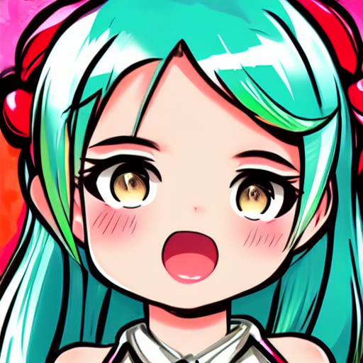 seed=525803891<br/>inference steps=15<br/><br/>prompt<br/>pinup Comic art, thick-line-drawing, bold outline, air-brush-paint, loli Turquoise twin tail, blush, extremely detailed symmetric faces, JoJo's Bizarre Adventure, decollete cleavage, simple studio lighting<br/><br/>negative prompt<br/>deformed, bad_anatomy, disfigured, mutation, mutated, extra_limbs, ugly, fat, missing_limb, floating_limbs, disconnected_limbs, long_neck, long_body, part of the head, mutated hands and fingers, intricate human hands fingers, poorly_drawn hands, malformed_hands, poorly_drawn face,poorly_drawn asymmetrical eyes