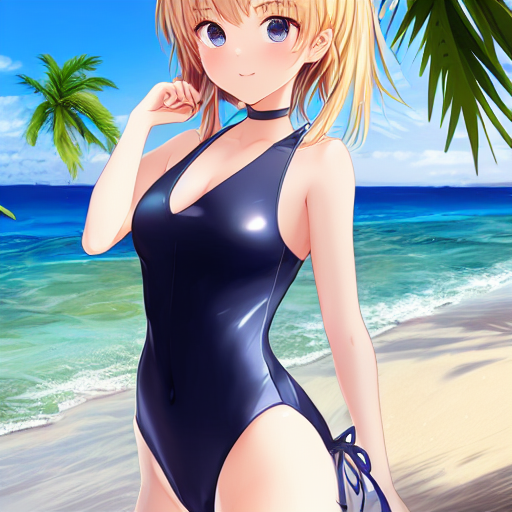 seed=676040145<br/>inference steps=15<br/><br/>prompt<br/>art by krenz cushart and violet evergarden, navy school suimsuit, shiny wet navy one-piece leotard, view straight on, a loli girl with white marble glowing skin and perfect symmetrical pretty face with blush cheeks and glaring eyes wearing navy school swimsuit in the evening on sunny day standing in beach, golden hour lighting, strong rim light<br/><br/>negative prompt<br/>2girls, deformed, bad anatomy, disfigured, mutation, mutated, extra limbs, ugly, fat, missing limb, floating limbs, disconnected limbs, long neck, long body, part of the head, mutated hands and fingers, intricate human hands fingers, poorly drawn hands, malformed hands, poorly drawn face, poorly drawn asymmetrical eyes<br/>スクール水着は生成が難しい。1,000 枚以上作成して一番良かったものがこれ