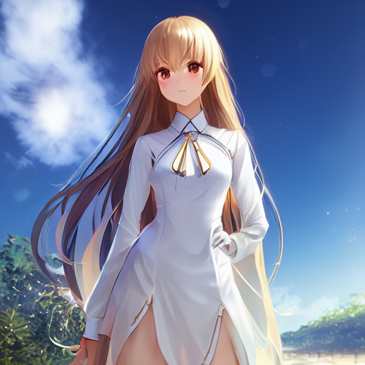 seed=214927526<br/>inference steps=15<br/><br/>prompt<br/>bishojo, full body, view straight on, a girl wearing white one-piece with white marble glowing skin and perfect symmetrical pretty face with blush cheeks and light green long hair and glaring eyes on sunny day standing, golden hour lighting, strong rim light, art by krenz cushart and violet evergarden<br/><br/>negative prompt<br/>deformed, bad anatomy, disfigured, mutation, mutated, extra limbs, ugly, fat, missing limb, floating limbs, disconnected limbs,long neck, long body, part of the head, mutated hands and fingers, intricate human hands fingers, poorly drawn hands, malformed hands, poorly drawn face, poorly drawn asymmetrical eyes