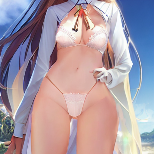 seed=787776388<br/>inference steps=26<br/>denoising strength=0.5<br/><br/>prompt<br/>bishojo, view straight on, a girl wearing luxury lingerie , jewelry, ring, louis comfort tiffany, garterbelt, stocking with white marble glowing skin and light green long hair and glaring eyes on sunny day standing, golden hour lighting, strong rim light, art by krenz cushart and violet evergarden<br/><br/>negative prompt<br/>生成に使ったのと同じ