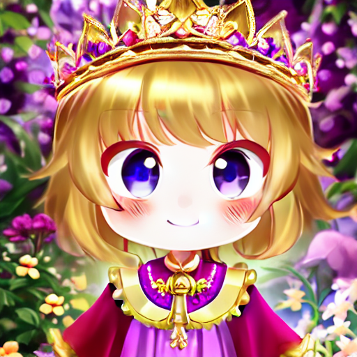 seed=34171926<br/>inference steps=8<br/><br/>prompt<br/>extremely detailed, a chibi, girl with white marble glowing skin and dot nose and perfect symmetrical pretty face with blush cheeks, wavy hair slight smile pretty eyes with catchlight perfect oval iris, elegant dress with many frills, a crown on the head, gold accessories, jewelry, glint, light rays standing in castle with many flowers<br/><br/>negative prompt<br/>deformed, bad anatomy, disfigured, mutation, mutated, extra limbs, ugly, fat, missing limb, floating limbs, disconnected limbs,long neck, long body, part of the head, mutated hands and fingers, intricate human hands fingers, poorly drawn hands, malformed hands, poorly drawn face, poorly drawn asymmetrical eyes