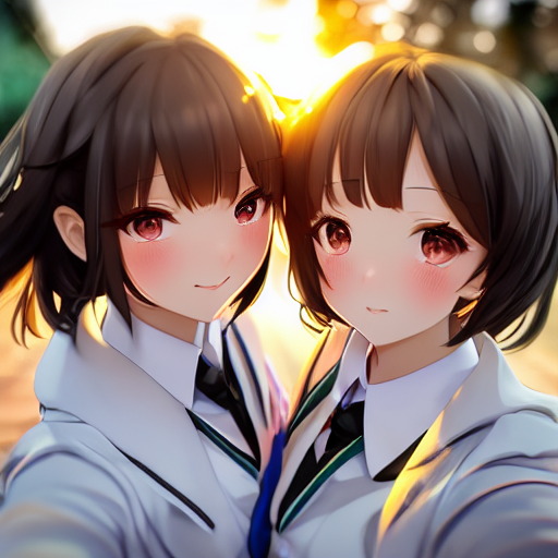 seed=888299913<br/>inference steps=15<br/><br/>prompt<br/>2girl, two bishojo snuggled up selfie, with white marble glowing skin and perfect symmetrical pretty face with blush cheeks and glaring eyes wearing a school uniform, golden hour lighting, strong rim light, intense shadows<br/><br/>negative prompt<br/>1girl, solo, deformed, bad anatomy, disfigured, mutation, mutated, extra limbs, ugly, fat, missing limb, floating limbs, disconnected limbs,long neck, long body, part of the head, mutated hands and fingers, intricate human hands fingers, poorly drawn hands, malformed hands, poorly drawn face, poorly drawn asymmetrical eyes
