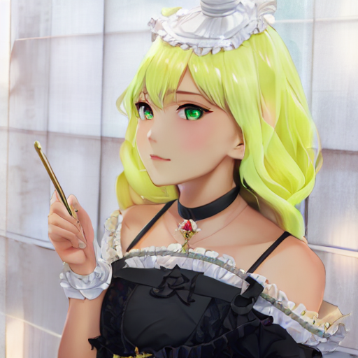 seed=453989191<br/>inference steps=50<br/>denoising strength=0.55<br/><br/>prompt<br/>view straight on, small breasts, a blonde bishojo wearing a black maid cosplay with white marble glowing skin and perfect symmetrical pretty face with blush cheeks and light green long hair and glaring eyes on sunny day standing, golden hour lighting, strong rim light, art by krenz cushart and violet evergarden<br/><br/>negative prompt<br/>deformed, bad anatomy, disfigured, mutation, mutated, extra limbs, ugly, fat, missing limb, floating limbs, disconnected limbs,long neck, long body, part of the head, mutated hands and fingers, intricate human hands fingers, poorly drawn hands, malformed hands, poorly drawn face, poorly drawn asymmetrical eyes