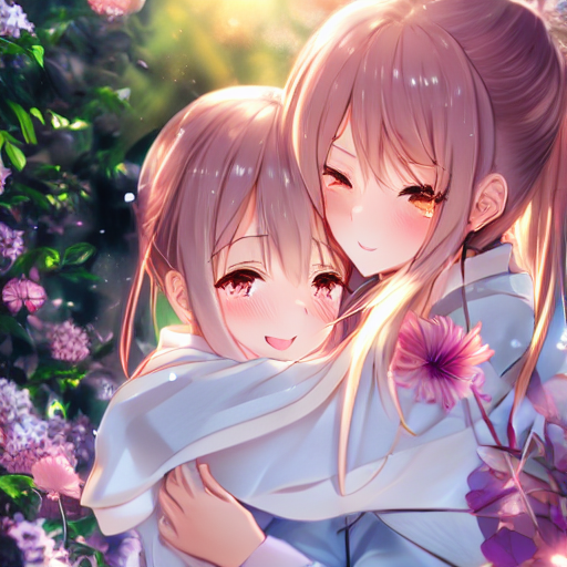seed=592525032<br/>inference steps=15<br/><br/>prompt<br/>two bishojo embrace each other, 2girl hug each other tight, with white marble glowing skin and perfect symmetrical pretty face with blush cheeks and glaring eyes wearing a school uniform, golden hour lighting, strong rim light, intense shadows, too many flowers<br/><br/>negative prompt<br/>1girl, solo, deformed, bad anatomy, disfigured, mutation, mutated, extra limbs, ugly, fat, missing limb, floating limbs, disconnected limbs,long neck, long body, part of the head, mutated hands and fingers, intricate human hands fingers, poorly drawn hands, malformed hands, poorly drawn face, poorly drawn asymmetrical eye