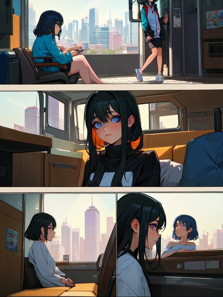 prompt: comic, the city on the coma, 1girl sitting in the room, 2girls talking<br/>negative: monochrome, lowres, bad anatomy, bad hands, text, error, missing fingers, extra digit, fewer digits, cropped, worst quality, low quality, normal quality, jpeg artifacts, signature, watermark, username, blurry<br/>ADetailer prompt: highly detailed eyes, simple high light<br/>Controlnet Preprocessor mlsd, Model control_canny-f16