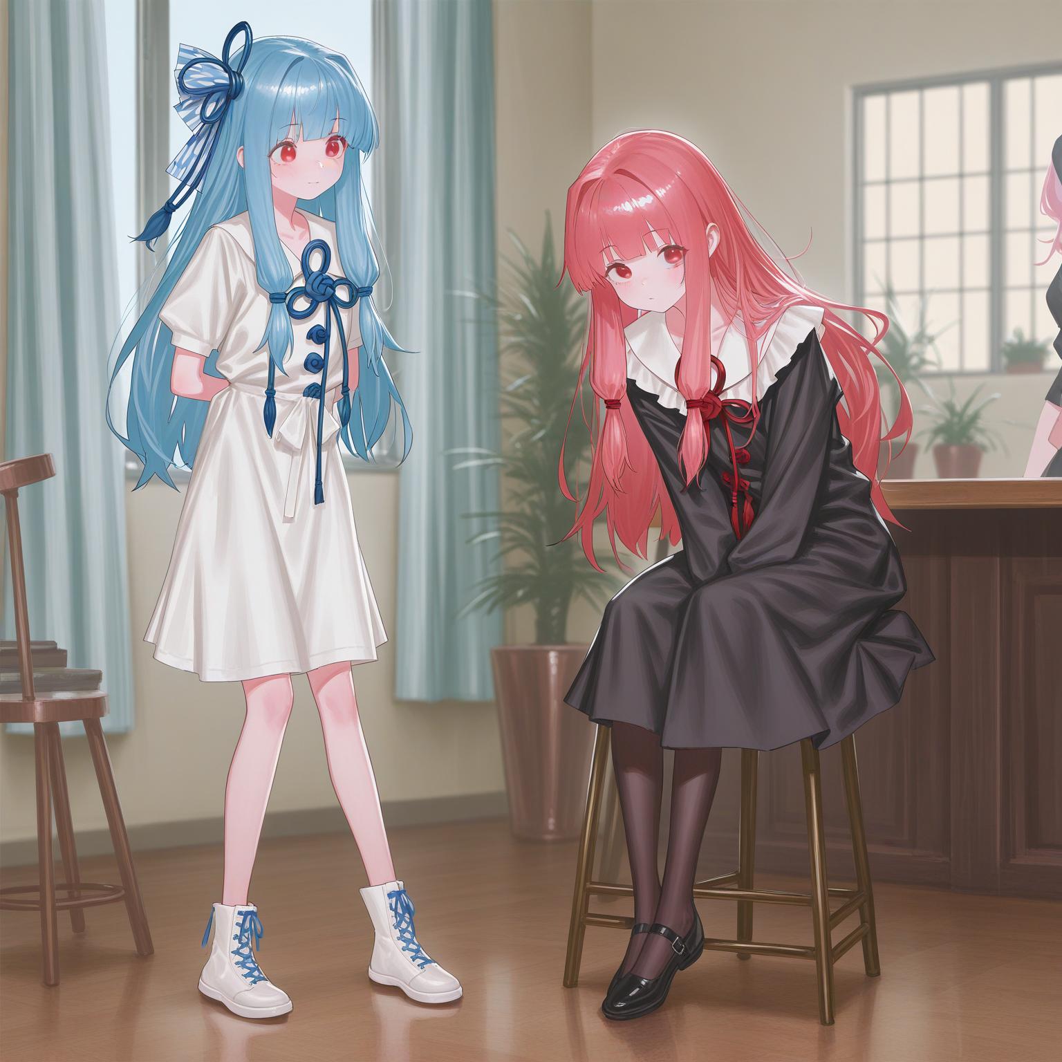 作例<br/>NetaYume のキャラの再現性が低いと画風変換で余計な部分まで変換されて失敗する確率が上がる<br/>NetaYume の出力の時点で、スツールの脚・窓枠の間隔・サッシの直線がおかしい。